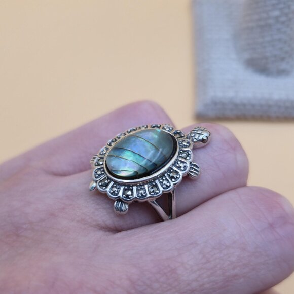 Size 7 Sterling Silver Abalone Shell And Marcasite Turtle Ring A5342 - Picture 5 of 9